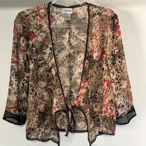 Chico's Brown Black Floral Paisley Sheer Topper 1 Boho Tie Front Kimono Dressy